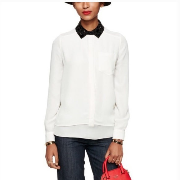 Kate spade white blouse black sequin collar m nwot - Picture 1 of 4